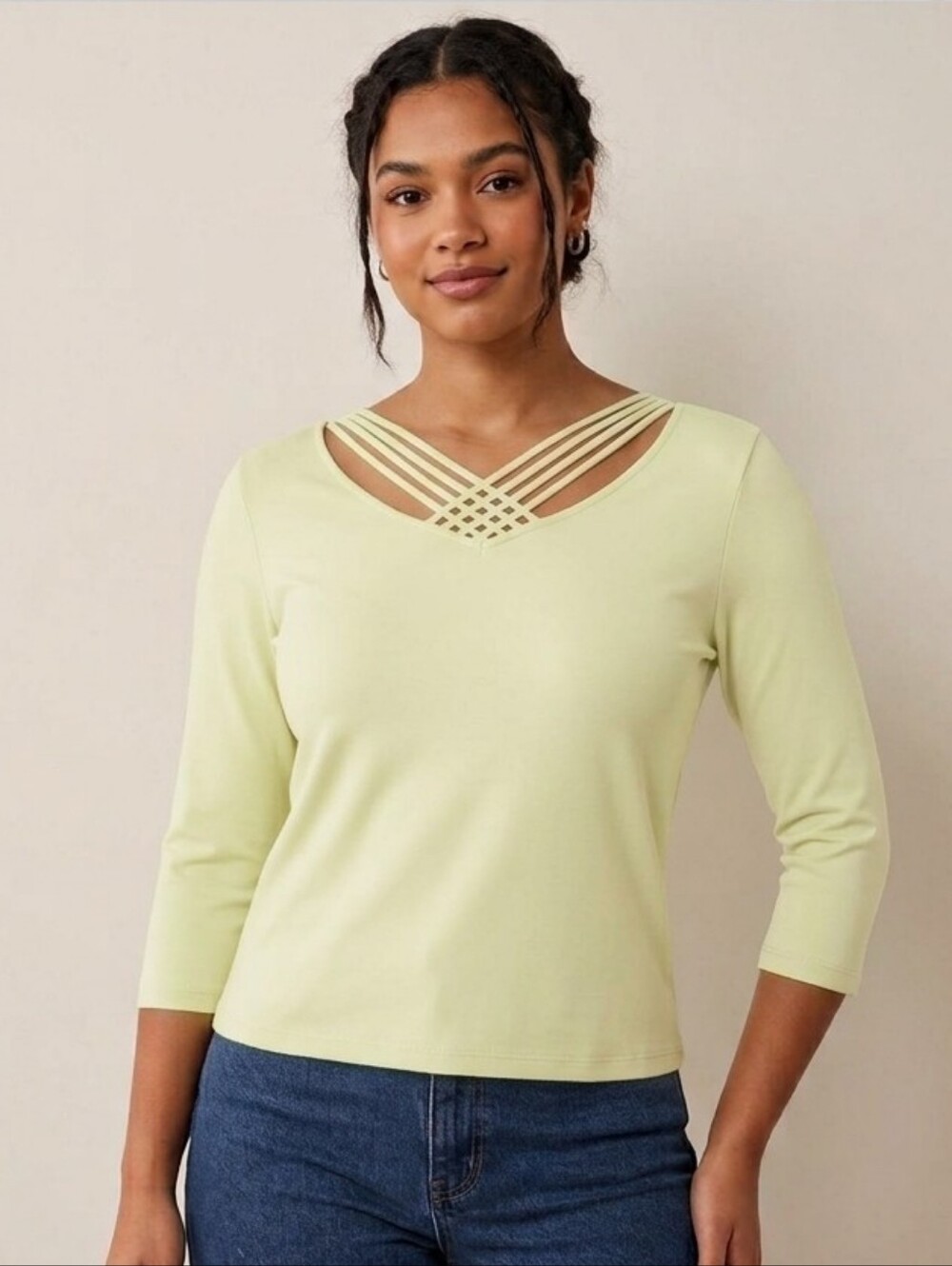 Pink Poodle Y2K Light Yellow Green Criss Cross Front Stretch Blouse Size Large